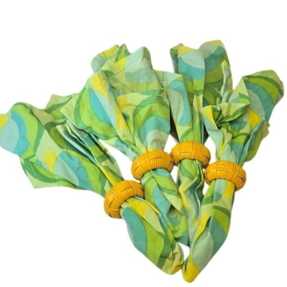 Set Of 4 Retro Groovy Green & Yellow Cloth Napkins W/ Wicker Napkin Rings Boho - Picture 1 of 10